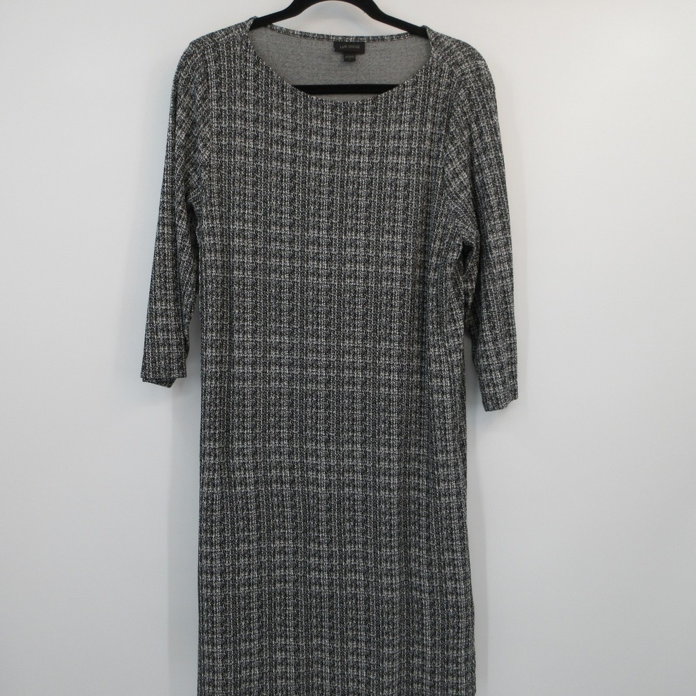 J. Jill Wearever Black White Tweed Knit Dress 3/4 Sleeve Scoop Neck Large